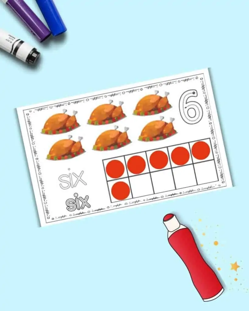 A preview of a ten frame printable with six Thanksgiving turkeys, correct letter formation graphics for "six" and red dots in six of the ten frame squares.