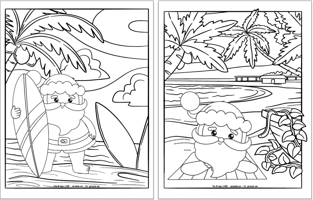 A preview of two tropical beach Christmas coloring pages with Santa. In the page on the left Santa is standing in the sand with his surfboard. On the right Santa is lying on a beach towel.