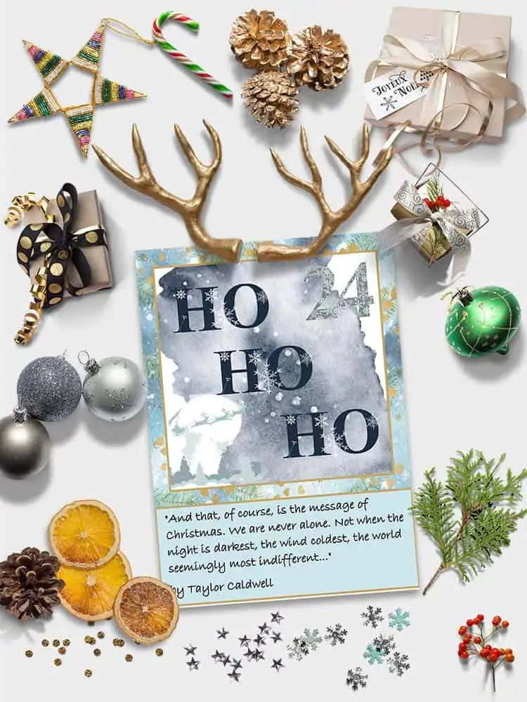 A preview of a watercolor Advent Christmas card for December 24 and a Christmas quotation from Taylor Caldwell. The card is shown on a white background with various Christmas objects including small packages, ornaments, and glitter.