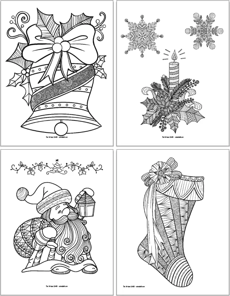 A preview of four Christmas coloring pages for adults with zen-style embellishments. Images include: a bell, a candle with foliage, Santa, and a Christmas stocking.