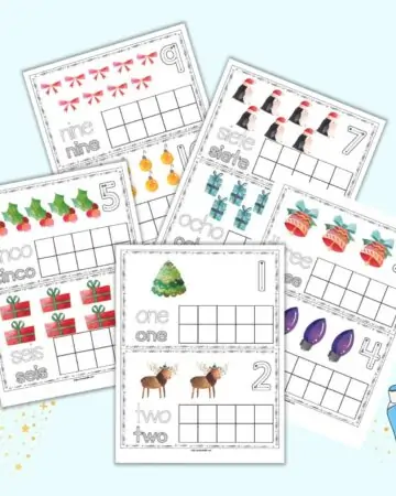 A preview of five printable ten frames with numbers 1-10. There are two cards on each page with Christmas clipart and correct letter formation graphics spelling the number