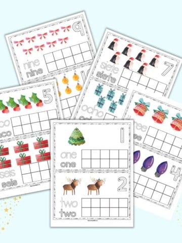 A preview of five printable ten frames with numbers 1-10. There are two cards on each page with Christmas clipart and correct letter formation graphics spelling the number