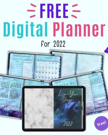 Text "Free printable digital planner for 2022" with an arrow pointing at five preview pages of a landscape mode digital planner with blue and purple galaxy colors.