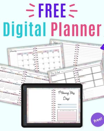 Text "free digital planner" above a preview of five pages from a pastel digital planner including the inside front page, a year at a glance calendar, January undated calendar, undated weekly planner, and a notes page