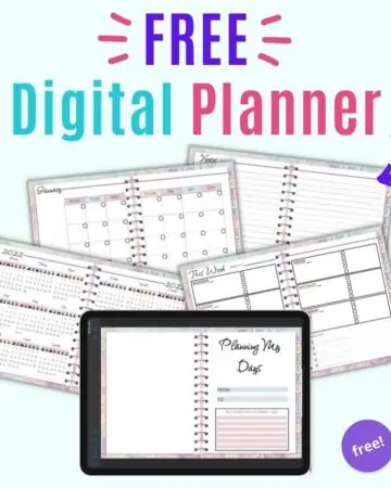 Text "free digital planner" above a preview of five pages from a pastel digital planner including the inside front page, a year at a glance calendar, January undated calendar, undated weekly planner, and a notes page