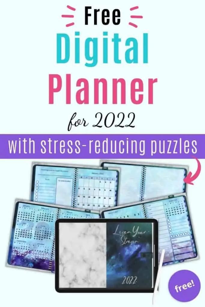 Text "Free digital planner for 2022 with stress-reducing puzzles" above a preview of five pages of a landscape mode digital planner with a blue and purple galaxy theme