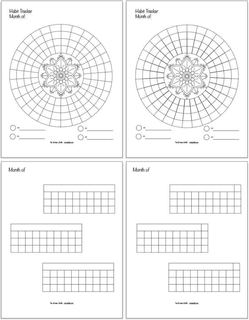 A preview of four printable habit tracker pages. Two are circular and two are pages with three mini rectangular mini trackers