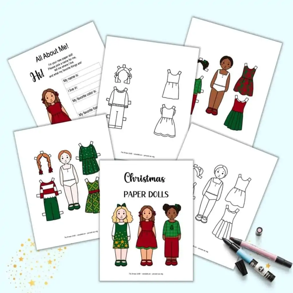 A preview of six pages of Christmas paper doll printable. There are four pages in color, including an "all about me" page and two pages in black and white to color.