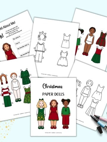 A preview of six pages of Christmas paper doll printable. There are four pages in color, including an "all about me" page and two pages in black and white to color.