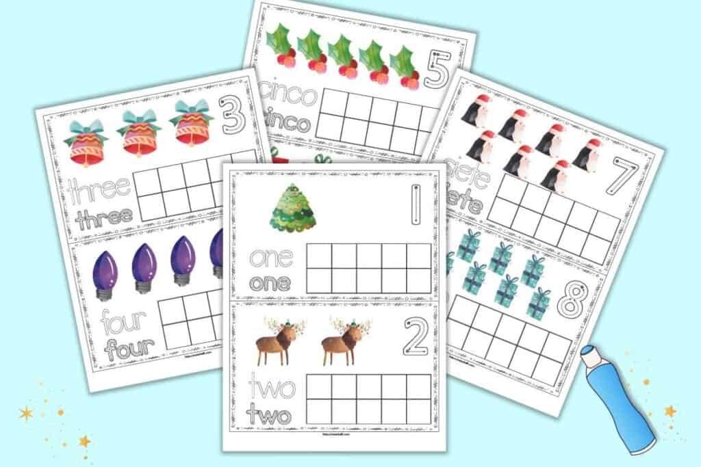 Four pages of ten frame printable. Each page has two ten frame cards with clipart, a blank ten frame, and correct number and letter formation graphics. Two pages are in Spanish and two in English.