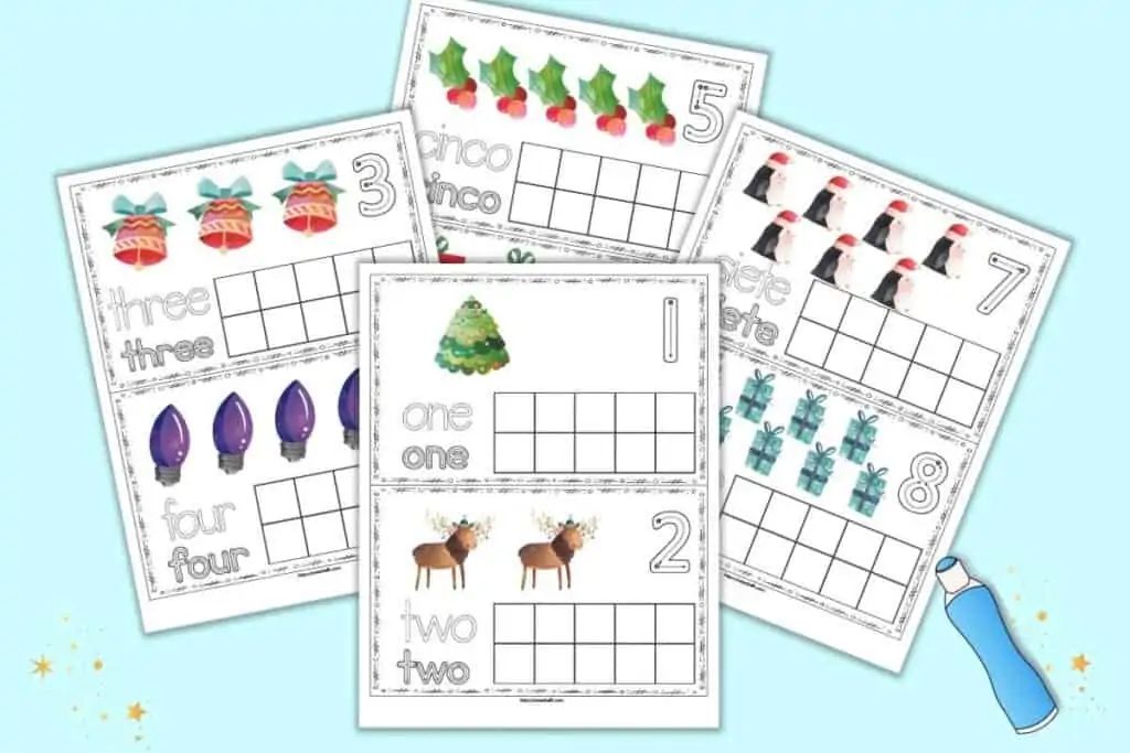 Four pages of ten frame printable. Each page has two ten frame cards with clipart, a blank ten frame, and correct number and letter formation graphics. Two pages are in Spanish and two in English.