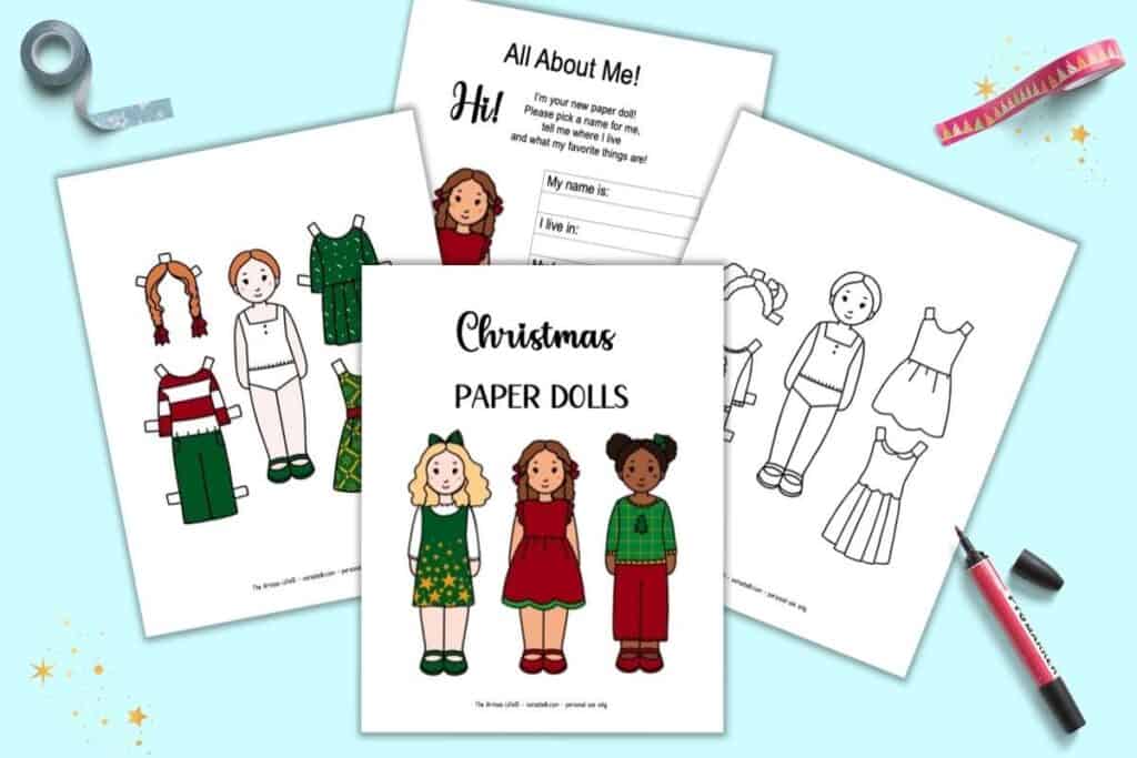 A preview of four pages of printable Christmas paper doll. One page is a cover page with a preview of all three dolls in color. Another page is an 'all about me" page to fill in, another page features a full color doll, and the last page has a coloring page doll in black and white.