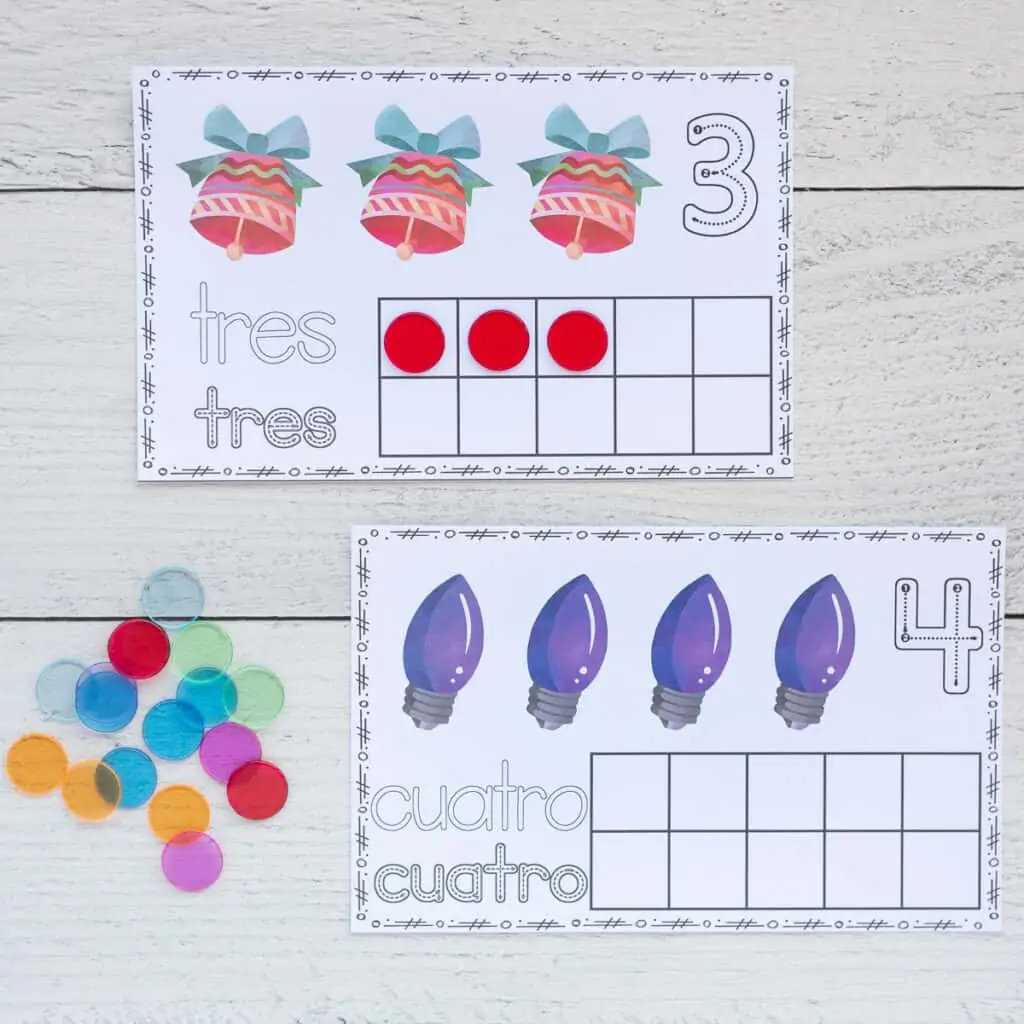 Two printable ten frame cards. One card has three Christmas bells and has three red tokens in the ten frame. The other card has four purple Christmas light bulbs. The ten frame on that card is blank.