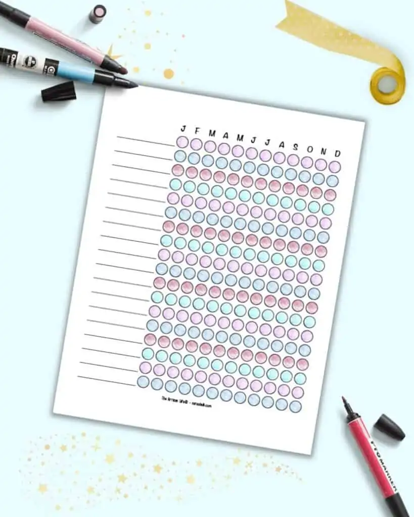 A preview of a 365 day habit tracker or mood tracker