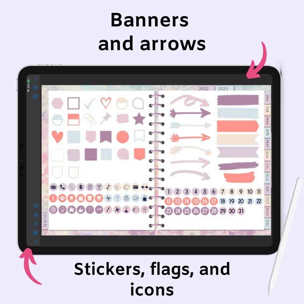 A preview of a digital planner with two pages of pastel colored stickers. Stickers include flags, arrows, tapes, icons, and dates. Below the preview is the text "banners and arrows" and below the preview is the text "icons and dates"