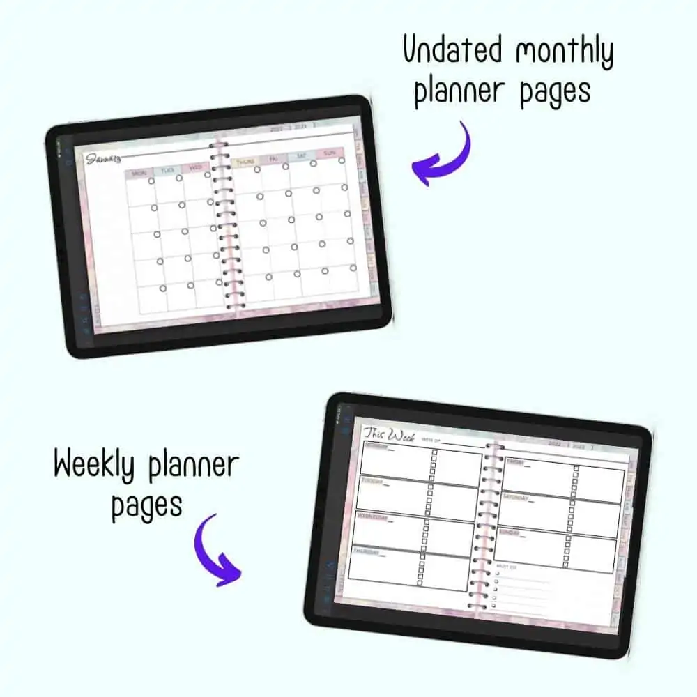Two digital planner previews. One shows an undated page for January with the caption "undated monthly planner pages" and the other page shows an undated weekly page with the caption "weekly planner pages"