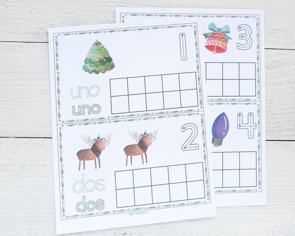 Two printed pages of ten frame printable. Each page has two cards to cut apart. The cards have correct number formation graphics and the number words written in Spanish. Numbers are 1, 2, 3, and 4.