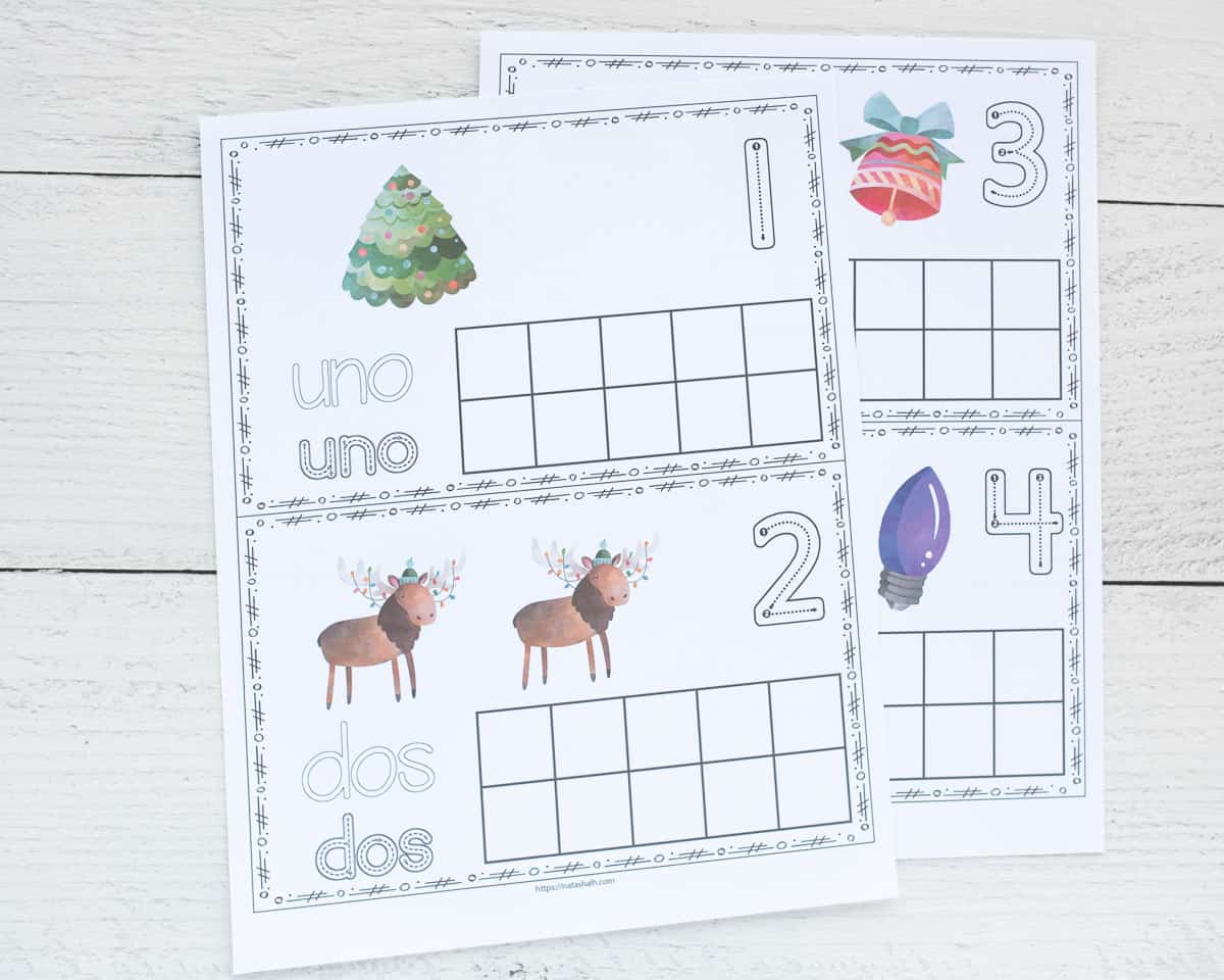 Two printed pages of ten frame printable. Each page has two cards to cut apart. The cards have correct number formation graphics and the number words written in Spanish. Numbers are 1, 2, 3, and 4.