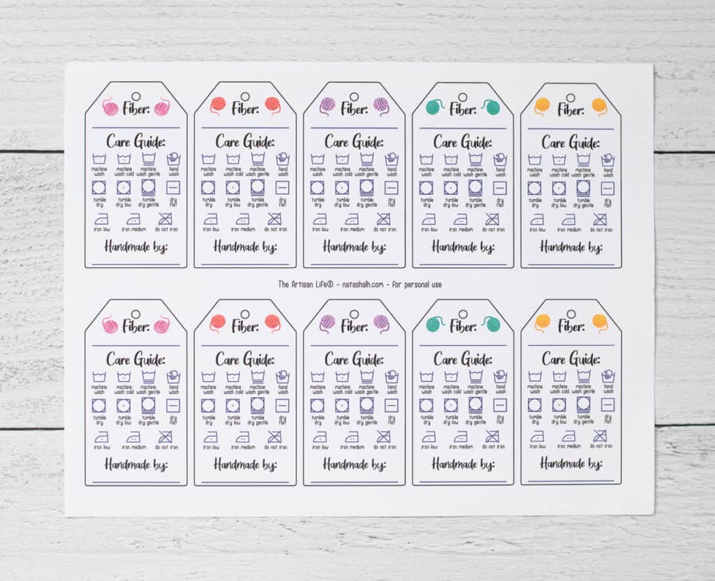 A preview of a printed page with 8 printable "care guide" tags for hand made items with space to list the fiber content and circle laundry care icons to show how to take care of the item.