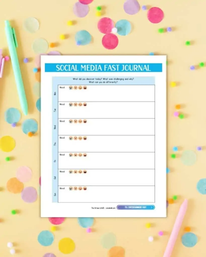 A preview of a social media fast journal with spaces to record moods and thoughts for a 7 day social media detox