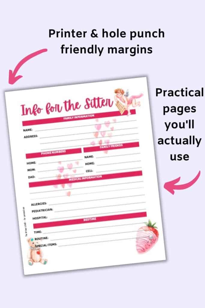 A preview of an "info for the sitter page" with text "hole punch and printer friendly margins" and "practical pages you'll actually use"
