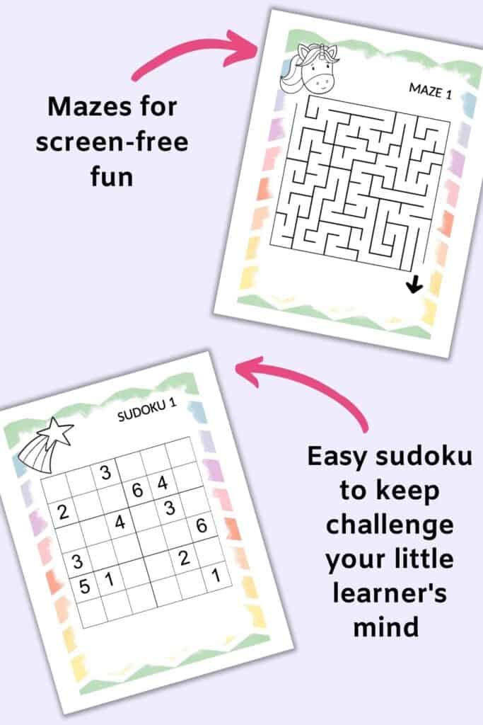 A preview of a child's maze and a child's sudoku puzzle