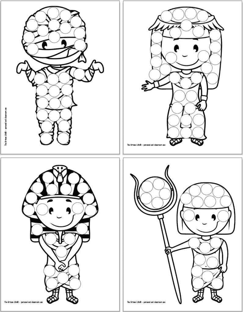 A preview of four ancient Egypt themed dot marker coloring pages for toddlers and preschoolers. Images include a mummy, a woman, a pharos, and a boy with a staff. 