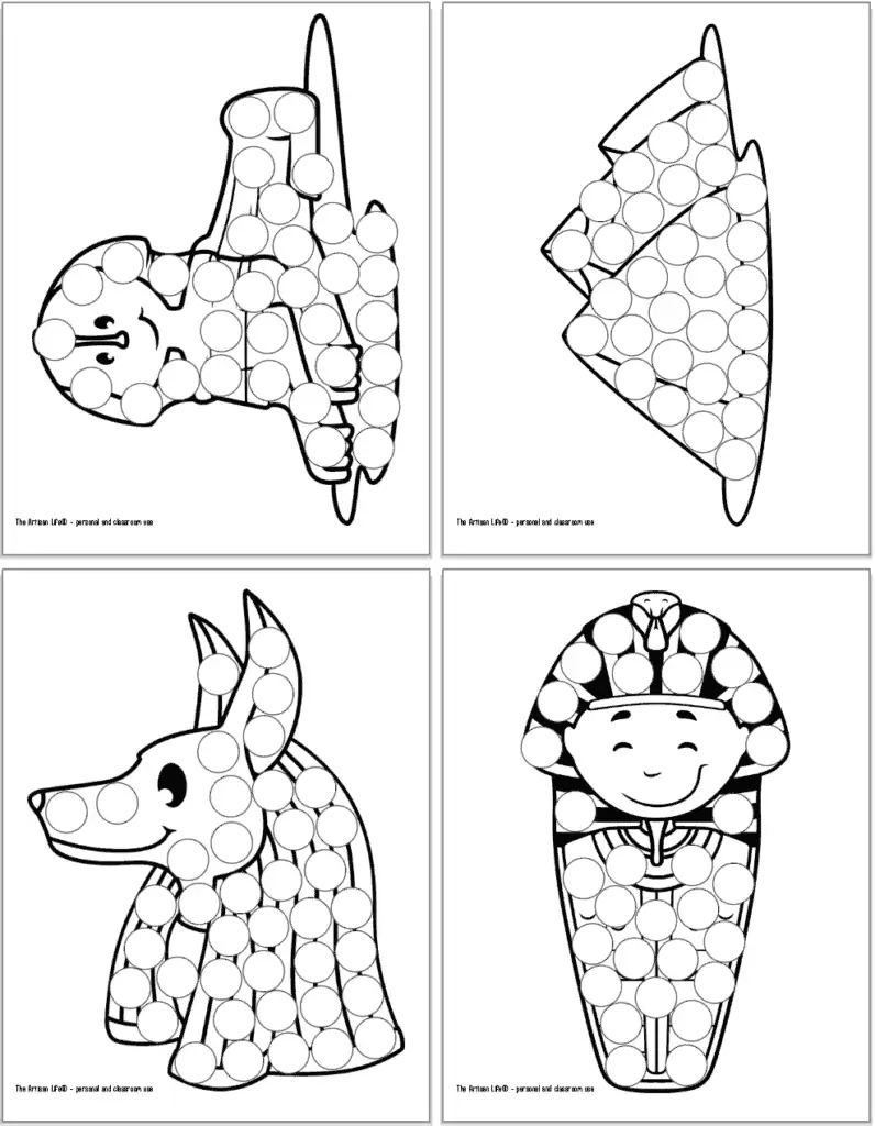 A preview of four ancient Egypt themed dot marker coloring pages for toddlers and preschoolers. Images include: the  Sphinx, pyramids, an Abunis head, and a sarcophagus.