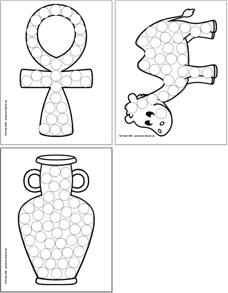 A preview of three ancient Egypt themed dot marker coloring pages for toddlers and preschoolers. Images include an ankh, a camel, and a vase.