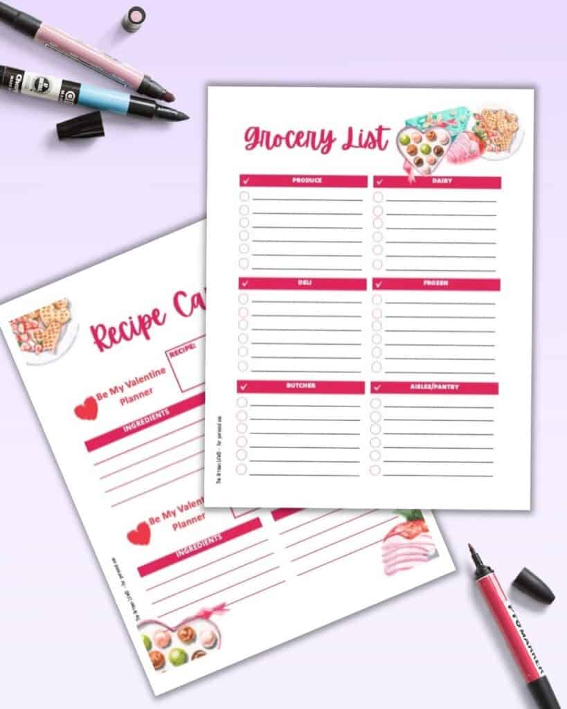 A preview of a printable grocery list and a recipe card with a Valentine's Day theme.