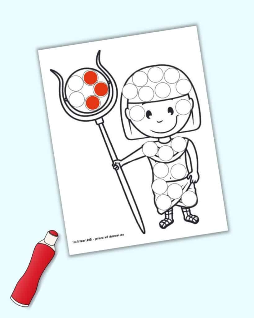 A preview of a dot marker coloring page of an Egyptian with  a staff
