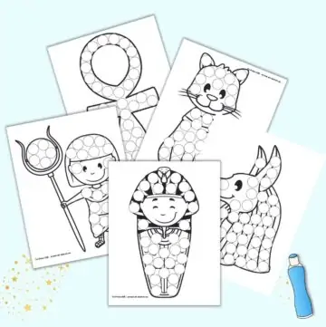 A preview of five ancient Egypt themed dot marker coloring pages with a mummy, Anubis head, cat, ankh, and Pharaoh