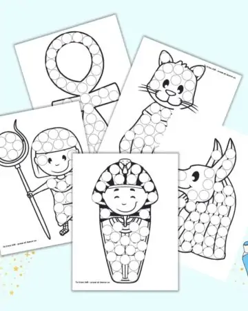 A preview of five ancient Egypt themed dot marker coloring pages with a mummy, Anubis head, cat, ankh, and Pharaoh