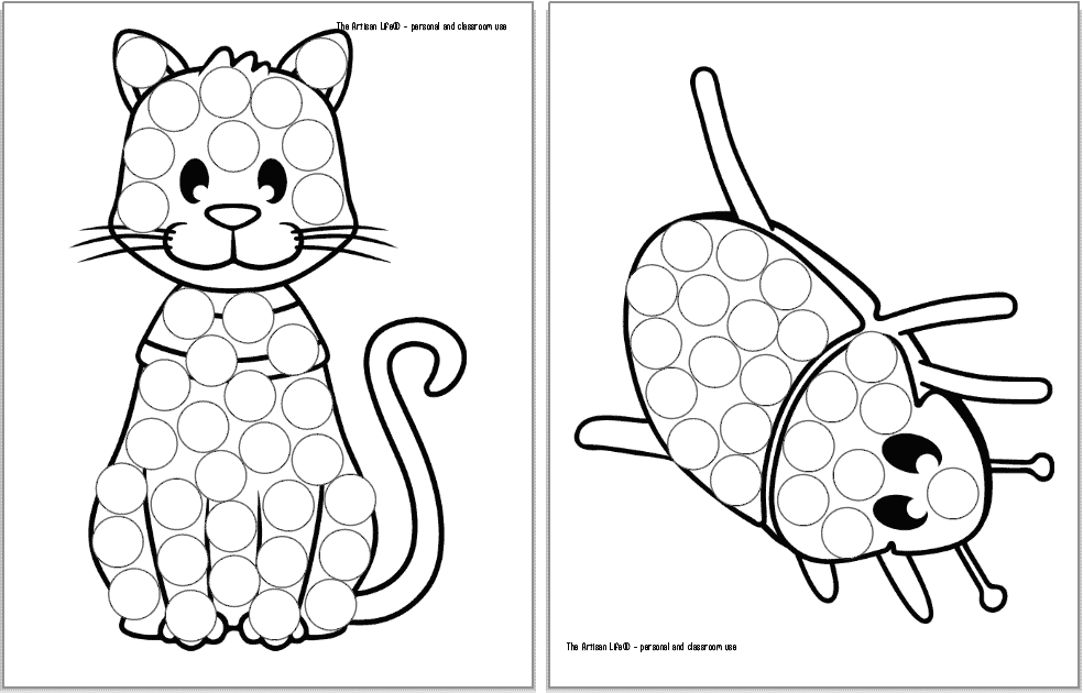 A preview of two ancient Egypt themed dot marker coloring pages for toddlers and preschoolers. Images include a cat and a scarab beetle