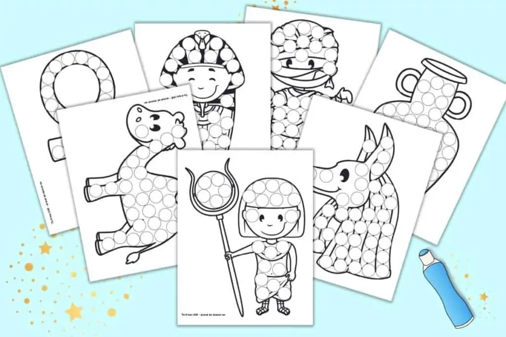 A preview of seven printable dot marker coloring pages with an Ancient Egypt theme.