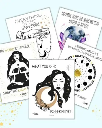 A preview of five boho printable posters with positive Rumi quotations.