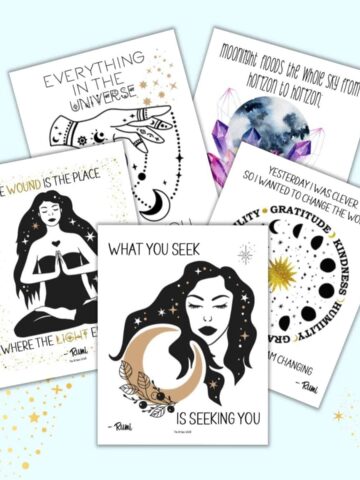 A preview of five boho printable posters with positive Rumi quotations.
