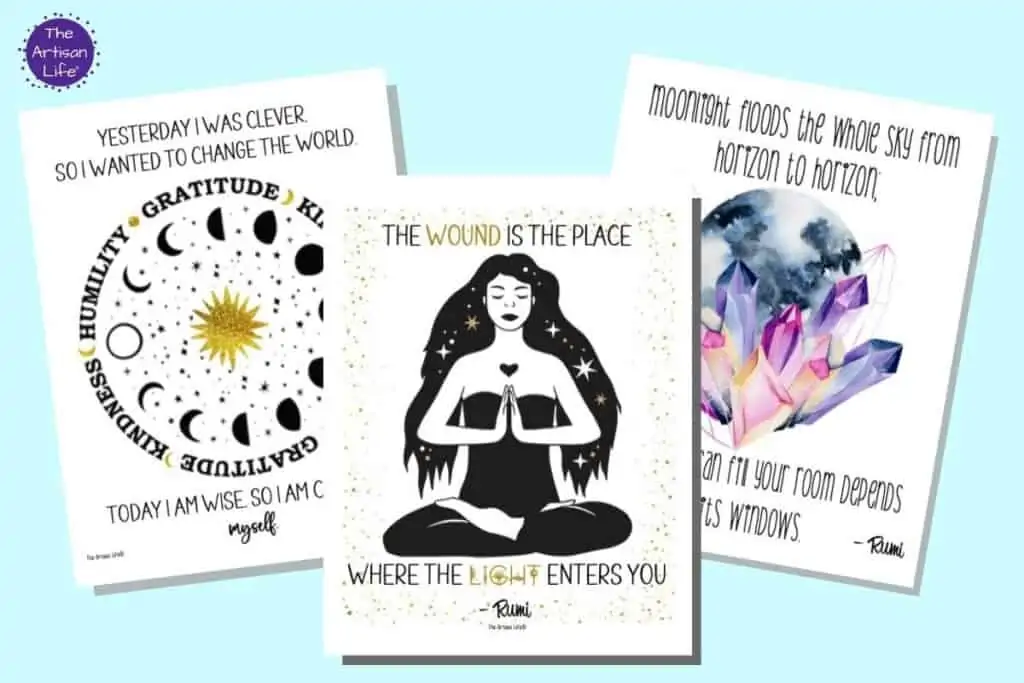 A preview of three boho printable posters with positive Rumi quotations. 