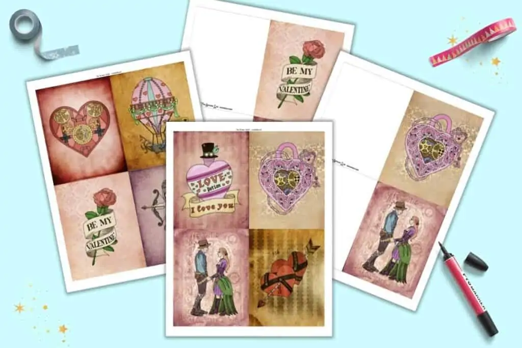 A preview of four pages of printable steampunk Valentines. Two pages have postcard style cards and two pages have fold-over cards.