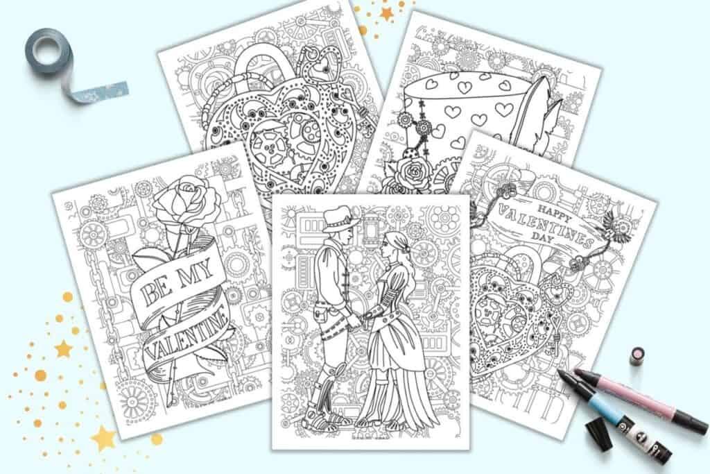 A preview of five printable steampunk Valentine's Day coloring pages on a light blue background with two open markers.