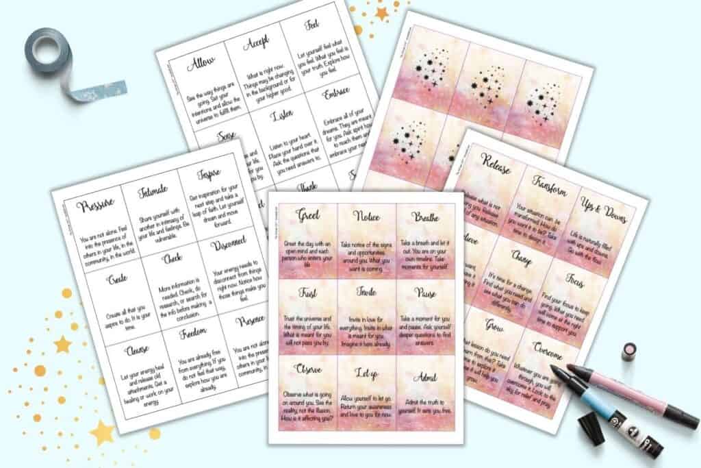 A preview of printable word of the day oracle cards. There are two pages of cards to cut out and print with colorful backgrounds, two page with white backgrounds, and a page of card backs.