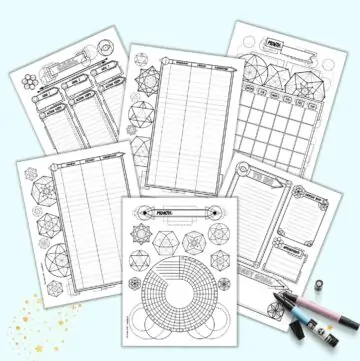 A preview of six page of bullet journal style planner printable with a sacred geometry theme. Pages include a habit tracker, weekly log with two pages, goal tracker, daily log, and monthly calendar.