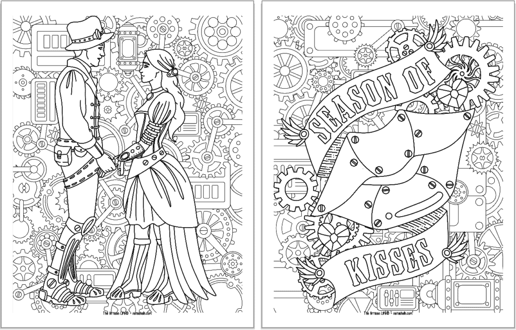 Two printable steampunk coloring pages with a Valentine's Day theme. Pages include ac couple and a pair of steampunk lips.