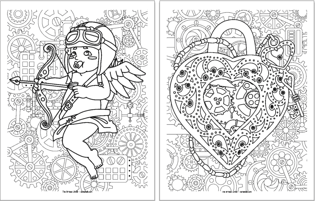 Two printable steampunk coloring pages with a Valentine's Day theme. Pages include a steampunk cupid and a heart.