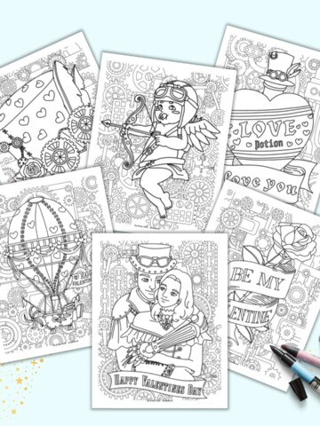 A preview of six printable steampunk Valentine's Day coloring pages on a light blue background with two open markers.