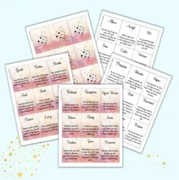 A preview of five printable pages of oracle cards. Each card has a word of the day and a thought to accompany the word.