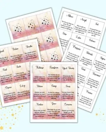 A preview of five printable pages of oracle cards. Each card has a word of the day and a thought to accompany the word.