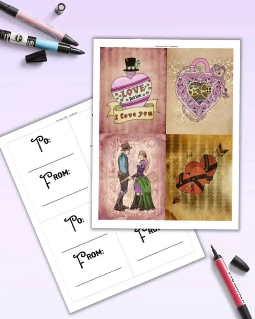 A preview of a printable page of Valentine's Day cards with a steampunk theme and a card back to print with "to" and "from"