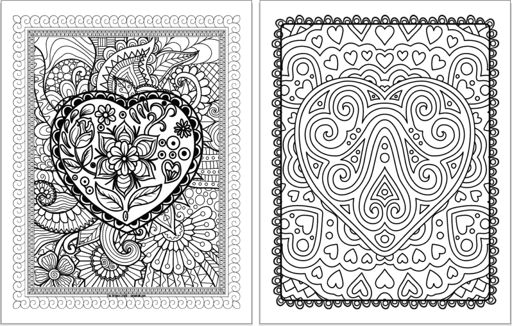 A preview of two zen-style heart coloring pages for adults.