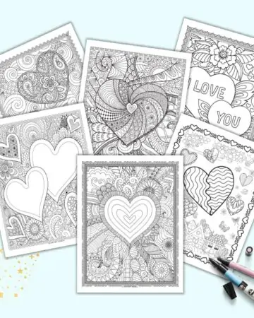 A preview of six heart coloring pages. The pages are in a zen style.